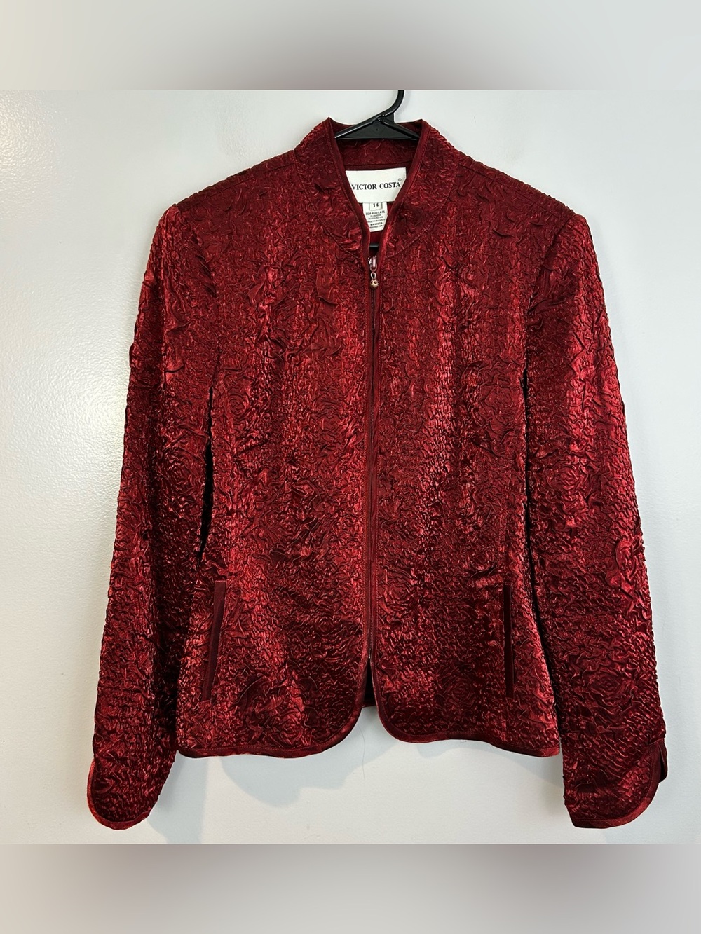 Victor Costa Deep Red Crinkle Fabric Mandarin Collar Zip Up Jacket Size 14